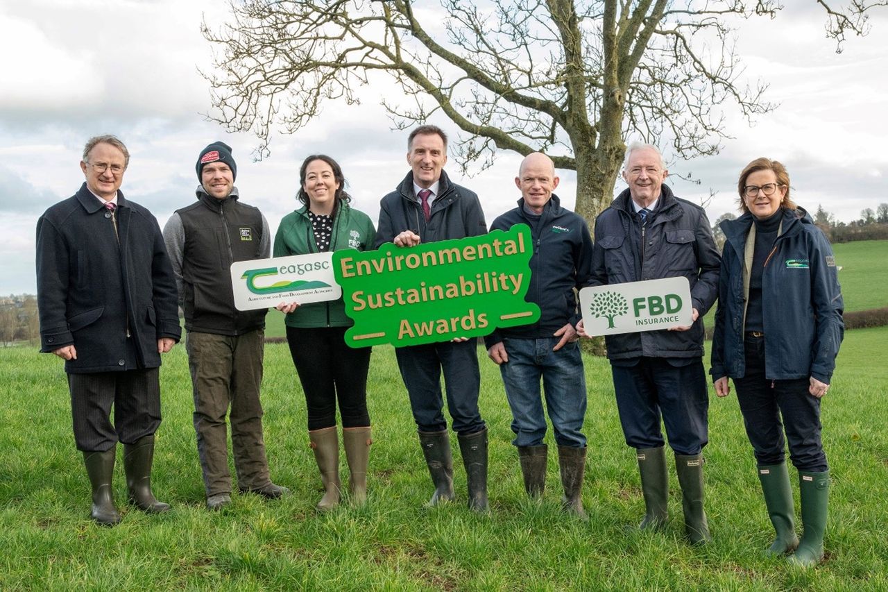 Pictured at the launch of the Teagasc/FBD Environmental Sustainability Awards 2025 were Prof. Frank O’Mara, Teagasc director; Brendan Walsh, 2024 winner; Mary Dunphy, FBD; Dr. Tom O’Dwyer, head of Signpost Programme; John Walsh, 2024 winner; Michael Berkery, chairman of FBD Trust and Siobhan Kavanagh, Teagasc