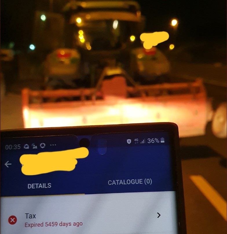 Gardaí stop tractor on road not taxed...in almost 5,500 days
