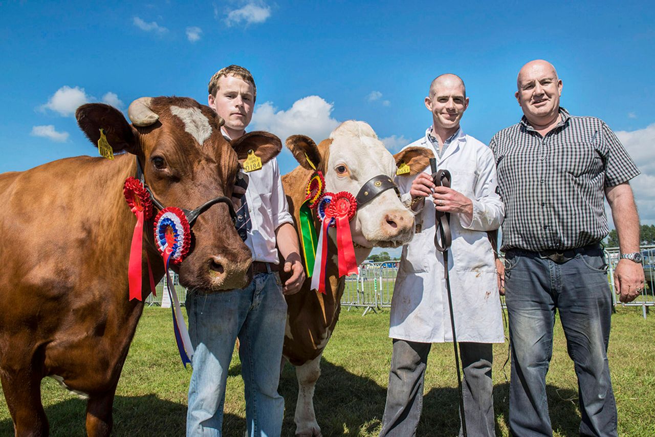 Champion dairy Shorthorn & dairy interbreed champion ‘Ransboro Sabina’ with Steven Carter, Clonakenny, Roscrea, Co Tipperary & the champion Simmental & beef interbreed champion ‘Corbally Vintage Katie’ with James Brown, Glanworth.