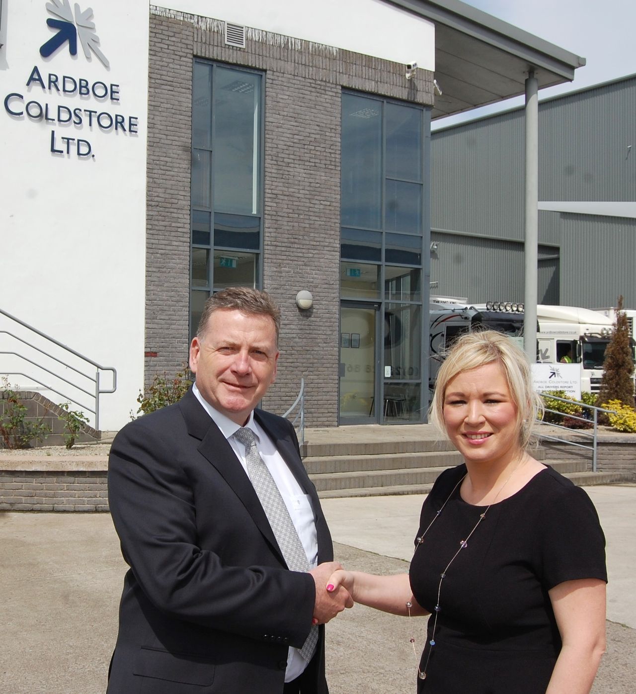 Eugene Carson welcomes Michelle O'Neill to Ardboe Coldstore