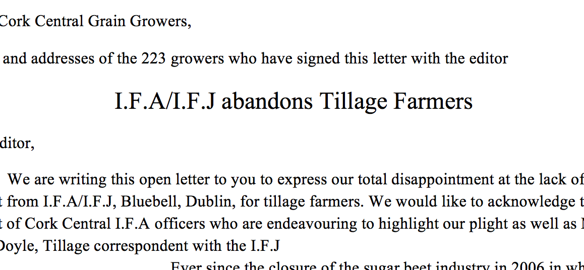 Grain growers letter to IFA/Irish Farmers Journal January 2016