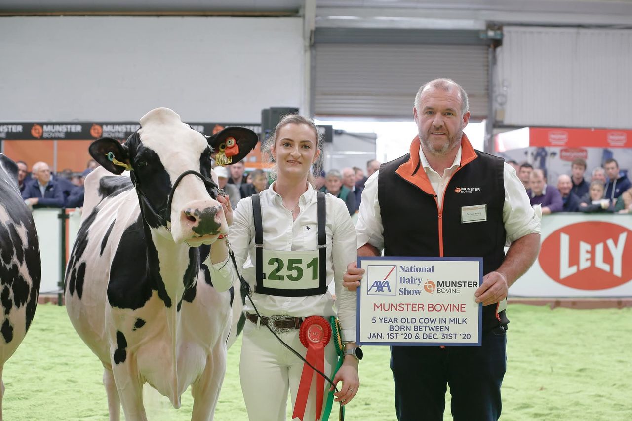 Declan Keating, Munster Bovine FRM with Hallow Octain Twizzle EX93 sired by Stanton’s High Octane who won 1st place in the Munster Bovine sponsored Class 19: 5 Year-Old Cow in Milk Born between Jan 1 ‘20 & Dec 31 ‘20