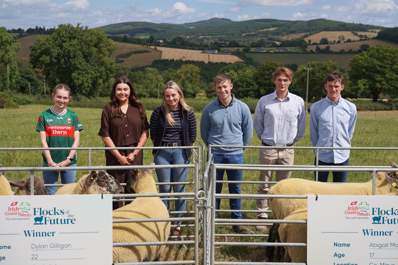 The 2026 ICM Flocks of the Future Winners are L-R: Abigail Marley; Grace Hoare; Keva Keogh; Dylan Gilligan; Mark Norse; and Patrick Moran