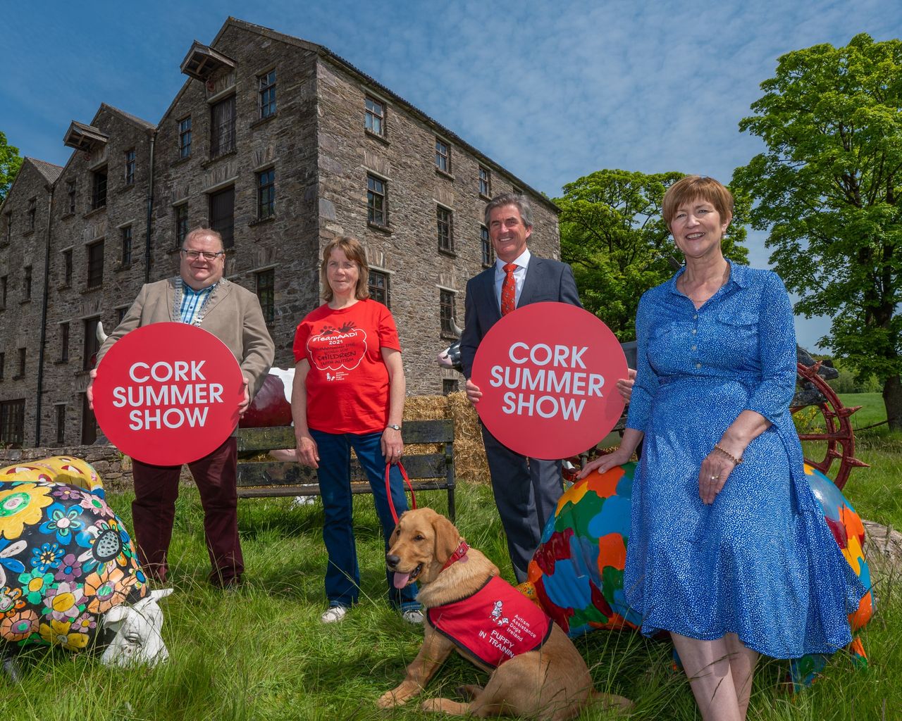 The Mayor of County Cork, Cllr Danny Collins, Noreen Healy of Autism Assistance Dogs Ireland (AADI) and Strudel, Robert Harkin, President of the Munster Agricultural Society, Sharon Corcoran, Director of Services of Economic Development, Enterprise & Tourism Directorate, Cork County Council. Pictured at Preview Launch of Cork Summer Show 2023, at Bealick Mill, Macroom County Cork Pic: Jim Rocks Photography