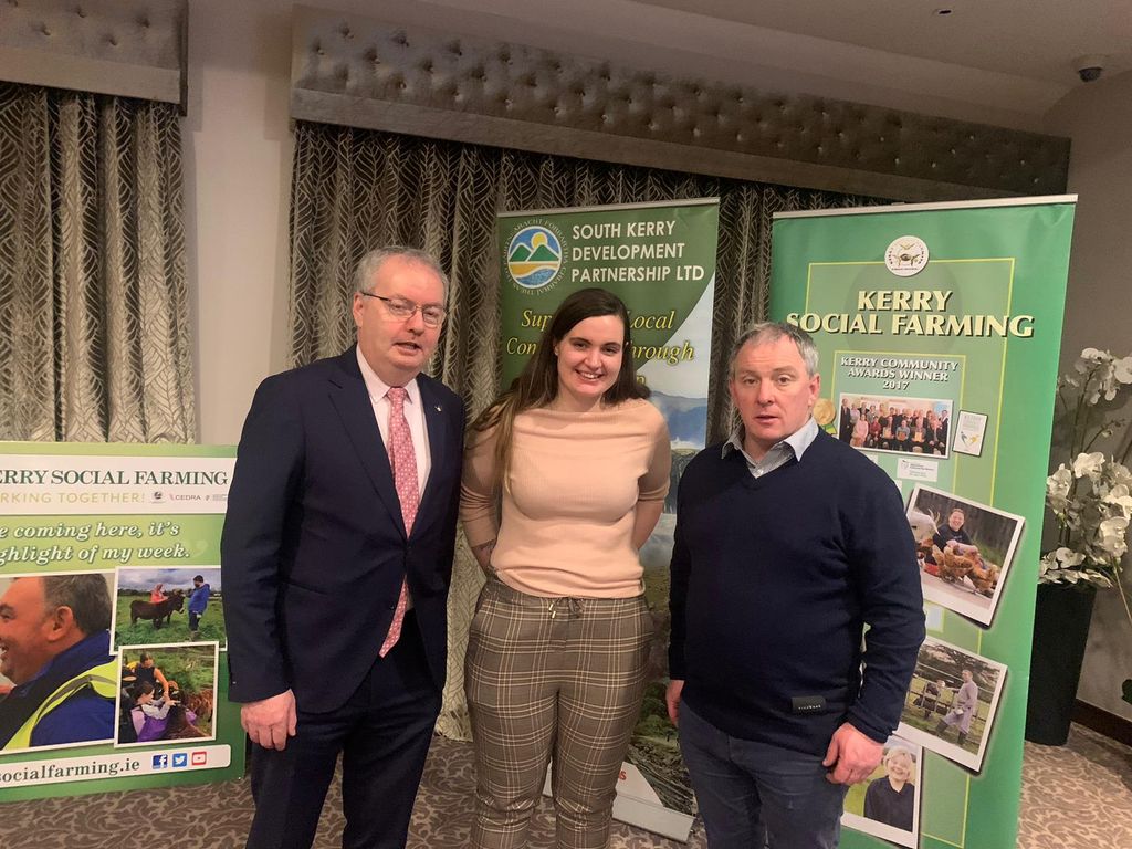 L-R: Michael Moynihan, chair of Oireachtas Committee on Disability Matters and Cork Fianna Fáil TD, Sandra Jones, IRD Duhallow social farming and Joseph McCrohan, South Kerry Development Partnership (SKDP). Image: KSF