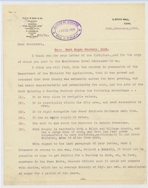 Letter from P J Kavanagh to W T Cosgrave about proposals for new sugar beet factory in Cork, 24 February 1928. Image source: National Archives