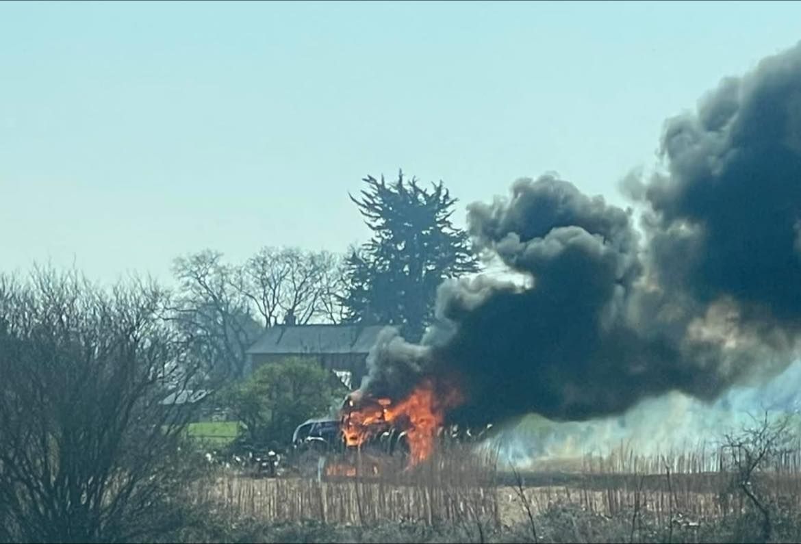 Watch: UK firefighters tackle tractor fire after flames destroy crop fields