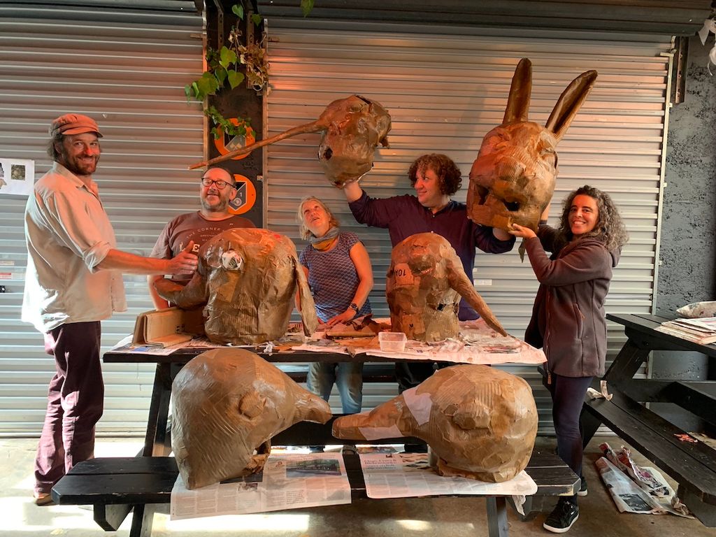 Macroom District Environmental Group mask-making workshop: Tom Jordan, Tom Campbell, Chris Barrett, Aodhán Floyd and Aurora Plannels
