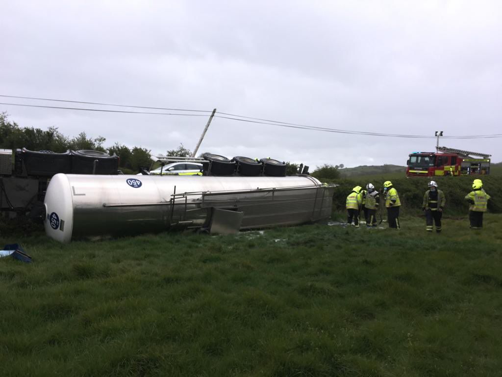 Cavan Gardaí and fire services attend overturned milk tanker