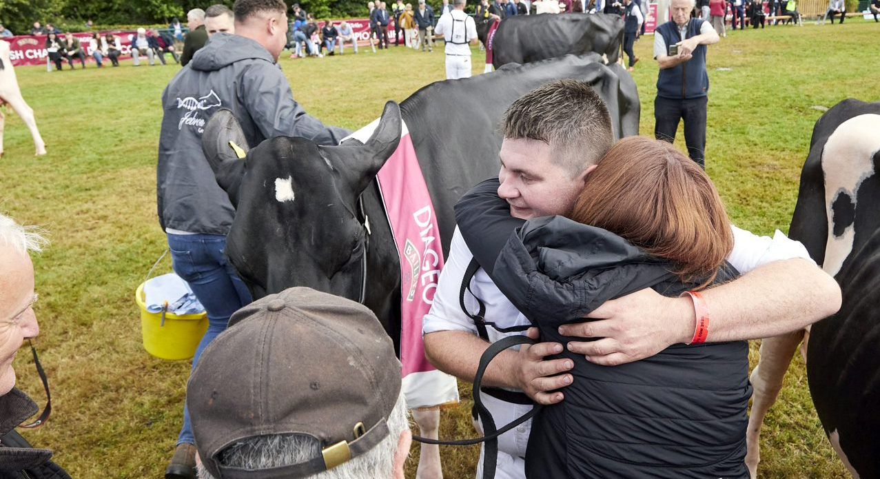 Paul Murphy and Emma Behan embrace after Coolroehouse Abbott Ann is tapped out as the Diageo Baileys Champion Cow. Source: Maria Kelly