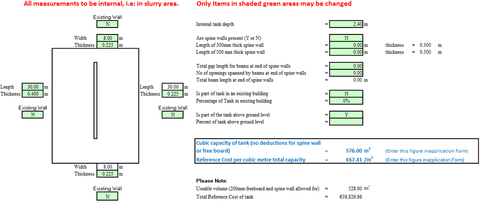 Example of a DAFM slurry reference cost spreadsheet for a rectangular tank. Source: DAFM