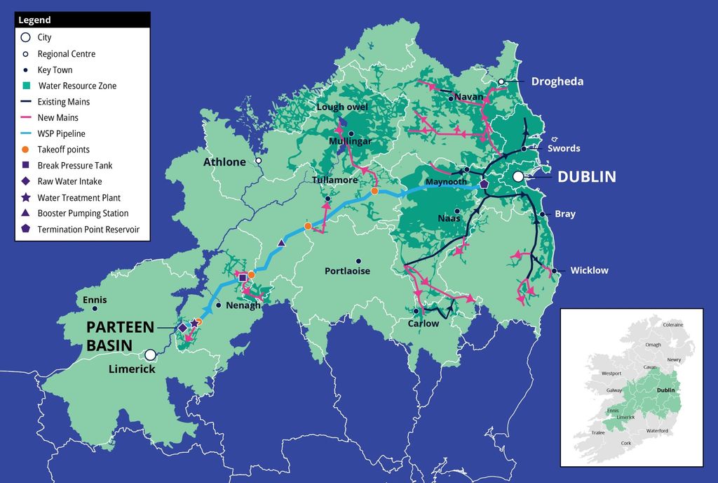 Map of the pipeline for the Water Supply Project Eastern and Midlands Region (WSP). Source: Uisce Éireann