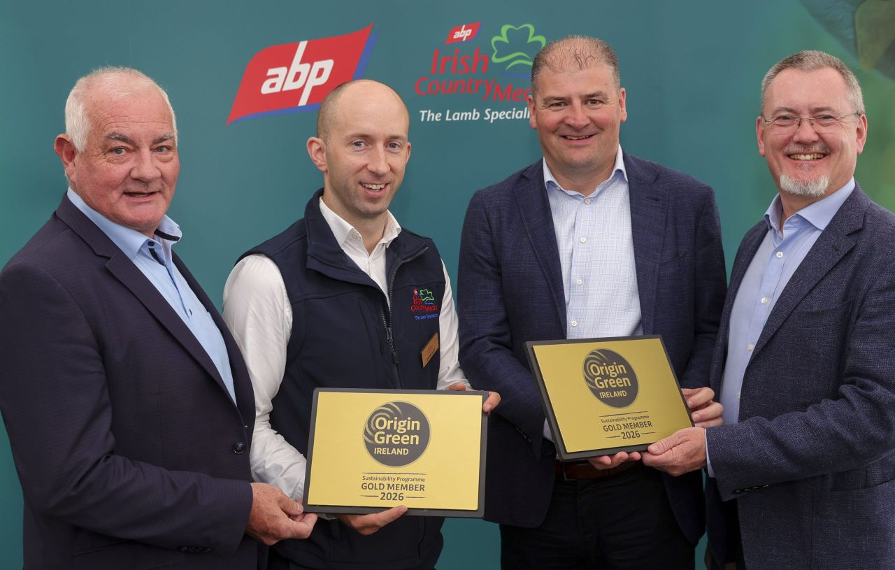 L-r: John Durkan, environmental and sustainability manager, ABP Group; Daniel Lyons, managing director, Irish Country Meats; Jerome Aherne, managing director, ABP Ireland; Jim O'Toole, CEO, Bord Bia