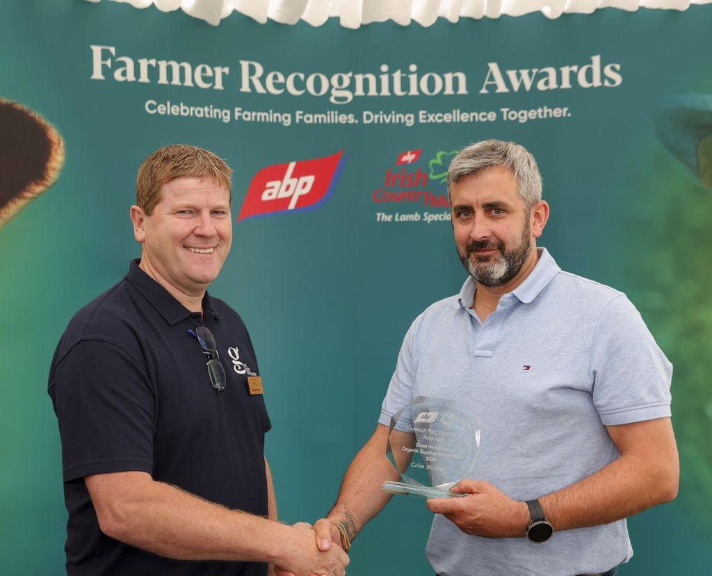 Eamonn Dwyer ABP presents the Good Herdsmen Organic Supplier of the Year award to Colm McElroy, Lisnalong, Co. Monaghan