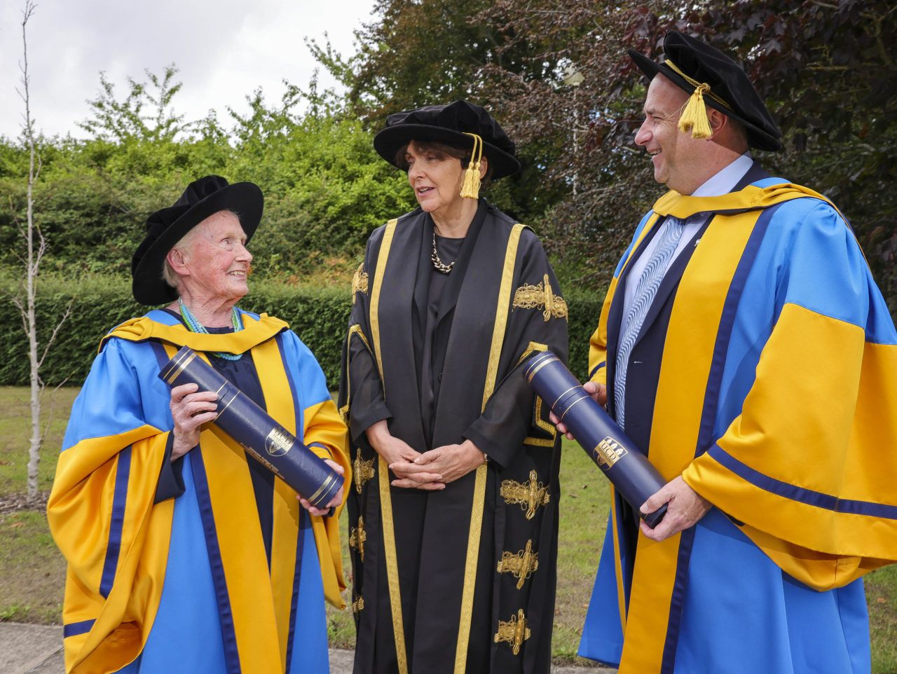 Pictured are from left, Marie Sherwood; UCD President, Prof. Orla Feely and Dr. John Roche. Image: Chris Bellew