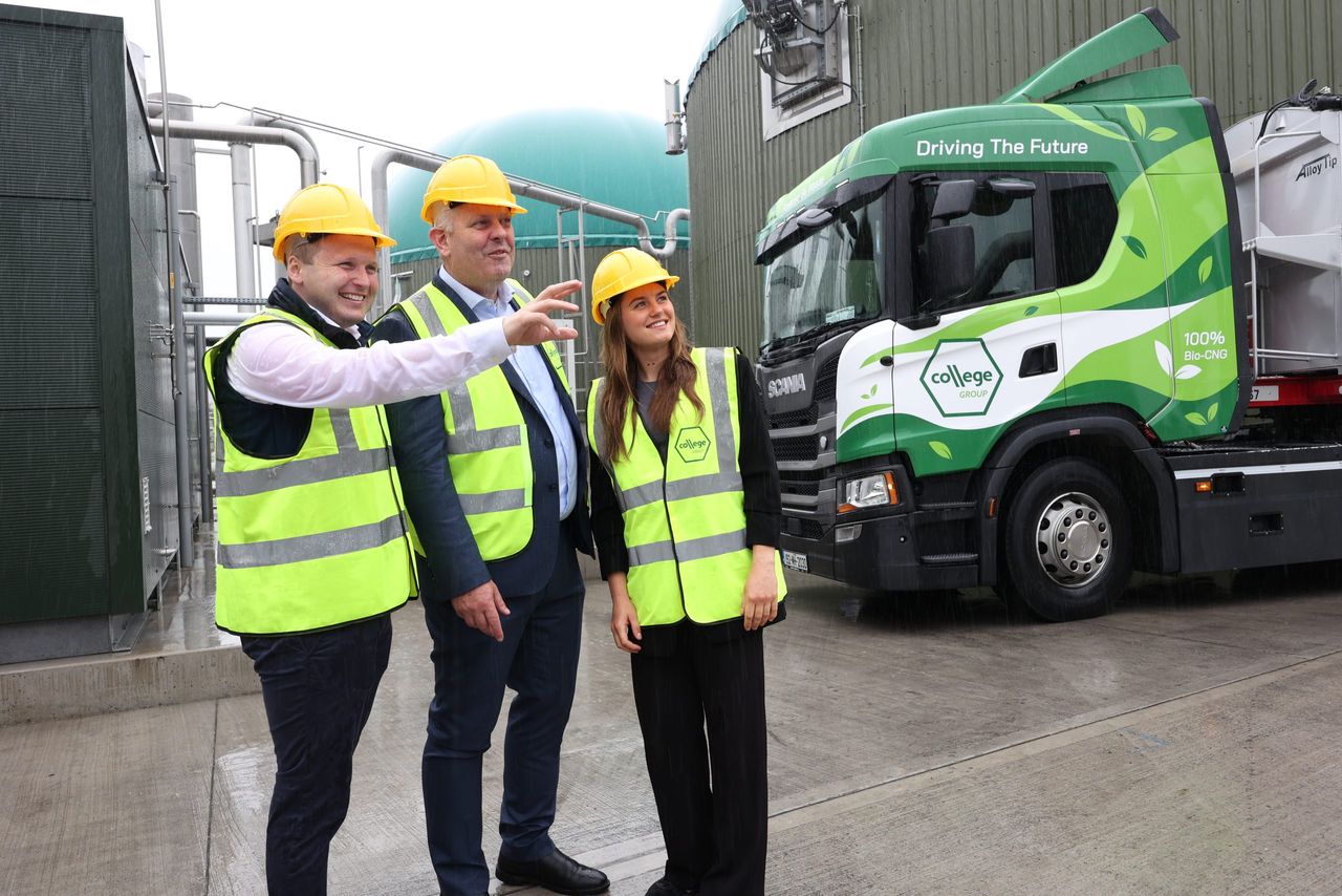 Pictured at College Group HQ in Nobber, Co. Meath facility (l-r): John Paul Gilroy, commercial director, College Group; Barry Murphy, Services & Renewables director, Flogas; Niamh Comerford, PPA & biomethane originator, Flogas