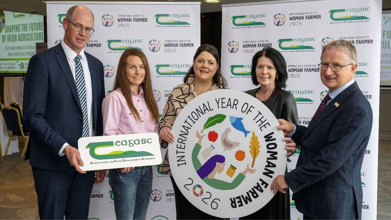 L-R: Stan Lalor, Teagasc director of knowledge transfer, Carina Roseingrave, ambassador for International Year of the Woman Farmer 2026, Anne Kinsella Teagasc economist, Loreto Ferguson, Teagasc business delivery officer, and Professor Frank O’Mara, director of Teagasc.

