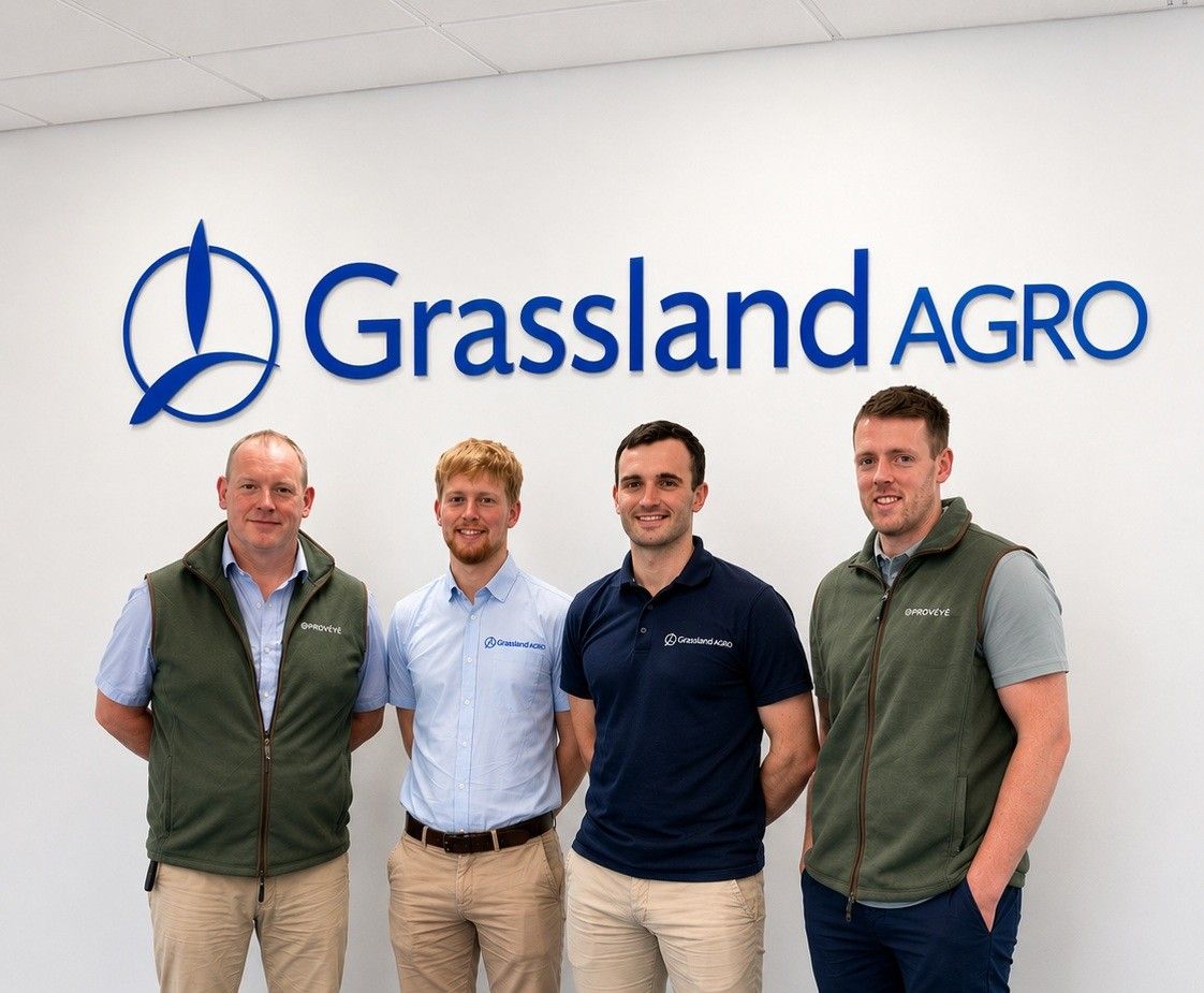 Paul Kennedy, COO Proveye; Stephen Carey, technical, product and sustainability manager, Grassland Agro; Seán McMahon, head of product, marketing and sustainability, Grassland Agro; David Corbett, project manager, Proveye. 
Source: Proveye.