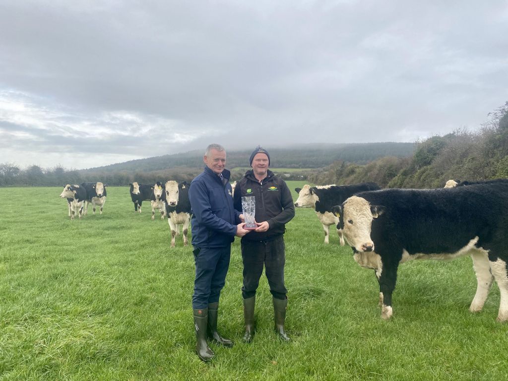 Michael Cleary from Irish Hereford Prime presenting an award to this years' winner Edward Delahunty