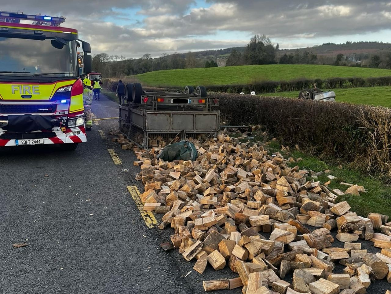 Car collides with trailer carrying logs on Laois road